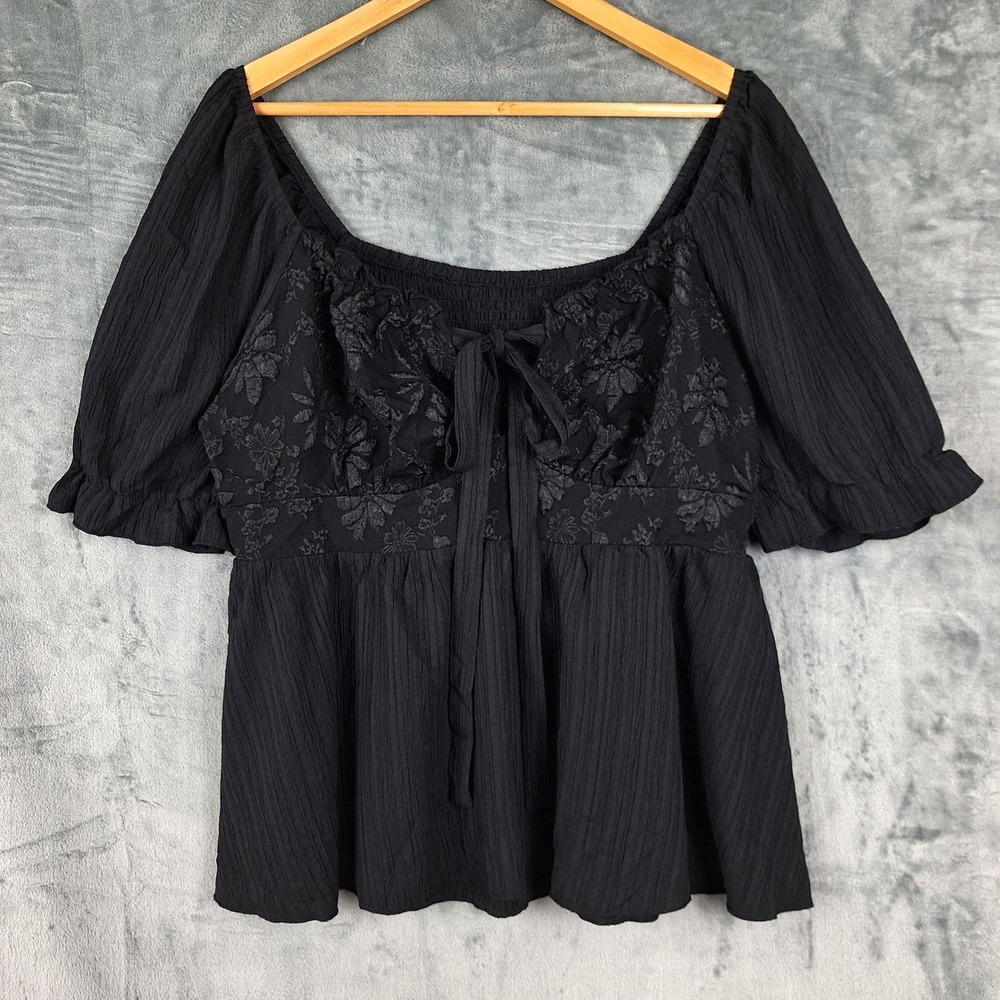 Womens Top 2XL Black Babydoll Y2K Milkmaid Whimsigoth Tie Front Fairy Grunge